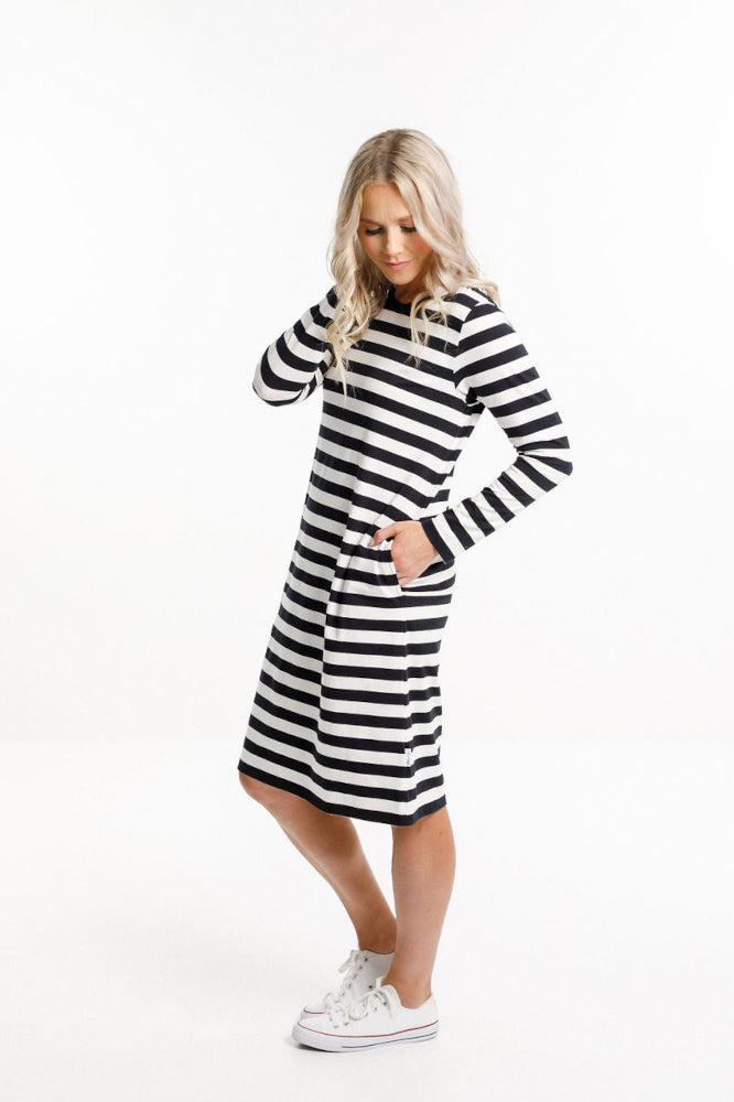 Home-Lee Long Sleeve Taylor Tee Dress Black White Stripes From BoxHill