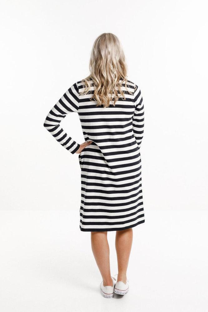Home-Lee Long Sleeve Taylor Tee Dress Black White Stripes From BoxHill