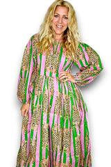 Ida and Ivy Tiger Stripe Pouf Sleeve Dress Bright Green Pink From BoxHill