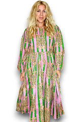 Ida and Ivy Tiger Stripe Pouf Sleeve Dress Bright Green Pink From BoxHill