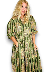 Ida and Ivy Tiger Stripe Pouf Sleeve Dress Dark Green From BoxHill