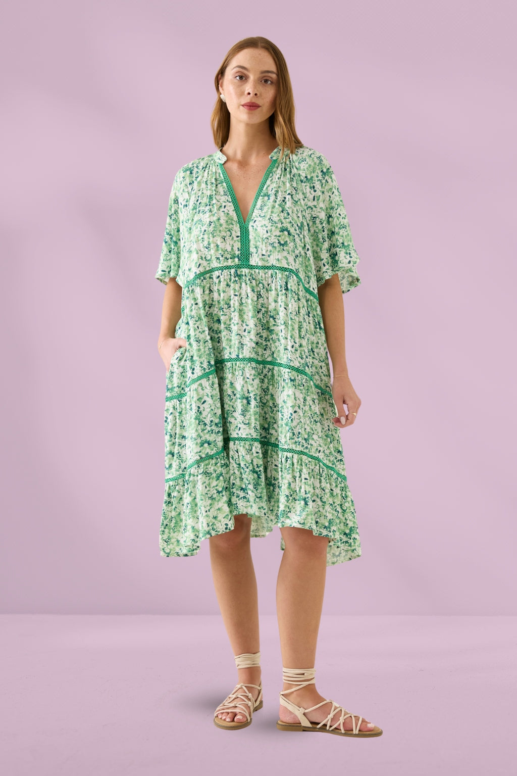 slim fit dress slacks Forest Green Tencel Plunge V-neck A-line butterfly sleeve Dress – Aulieude main image 0