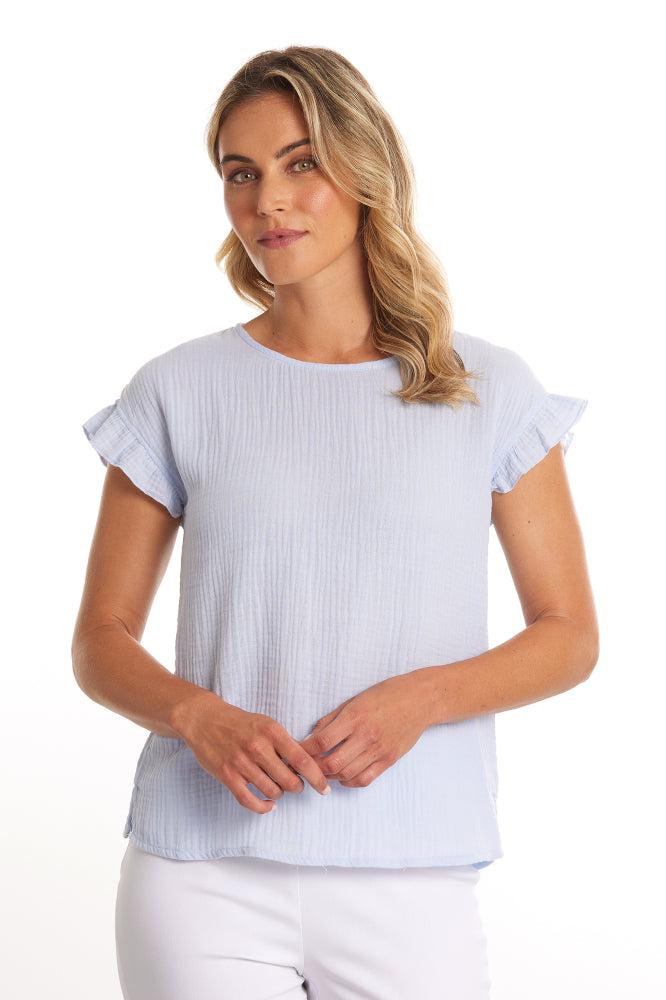 Marco Polo Short Sleeve Crinkle Cotton Top Ice Blue From BoxHill