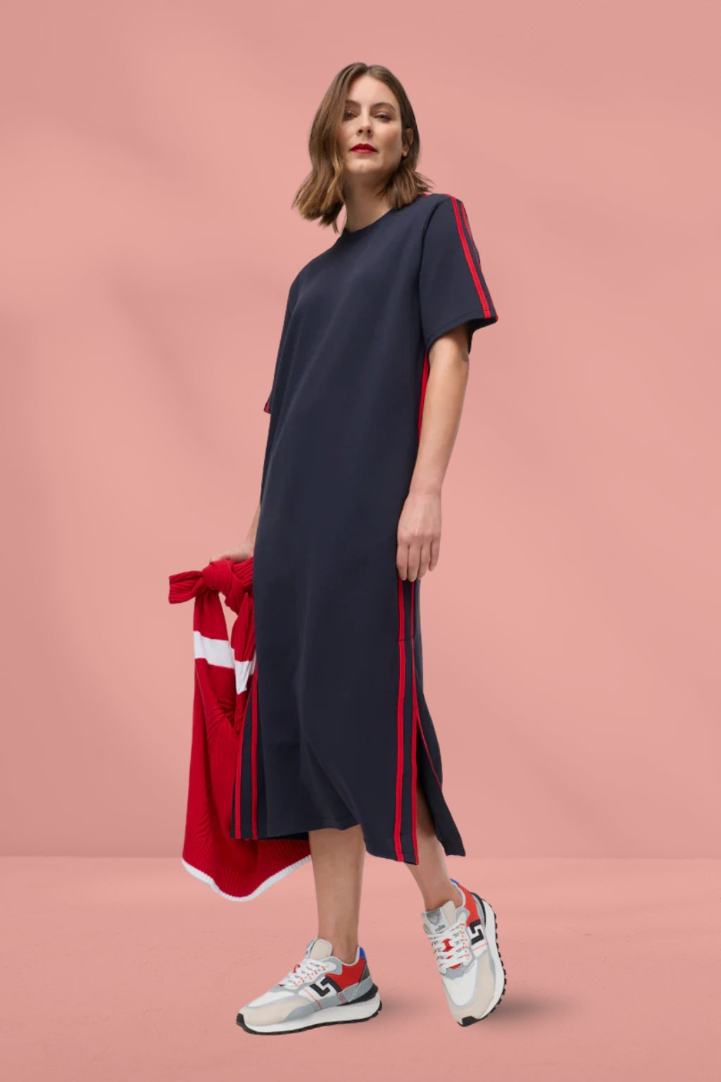 navy blue and red striped dress Marco Polo Twin Stripe Ponte Dress Navy Marco Polo