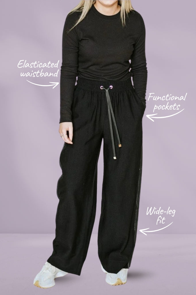 Moke Indiana Wide Leg Pants Black with Satin From BoxHill