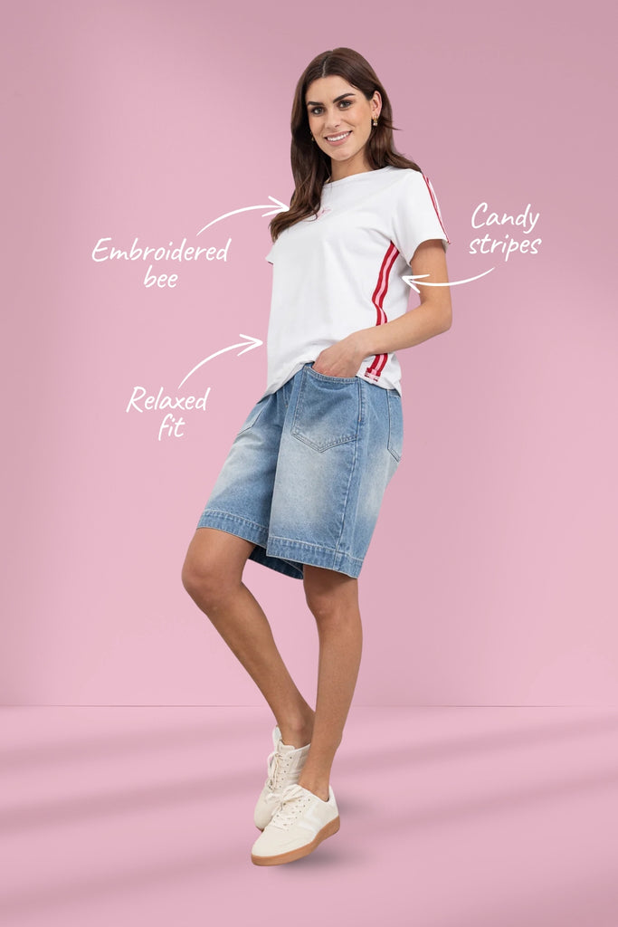 Moss Bee Tee White Candy Stripe From BoxHill