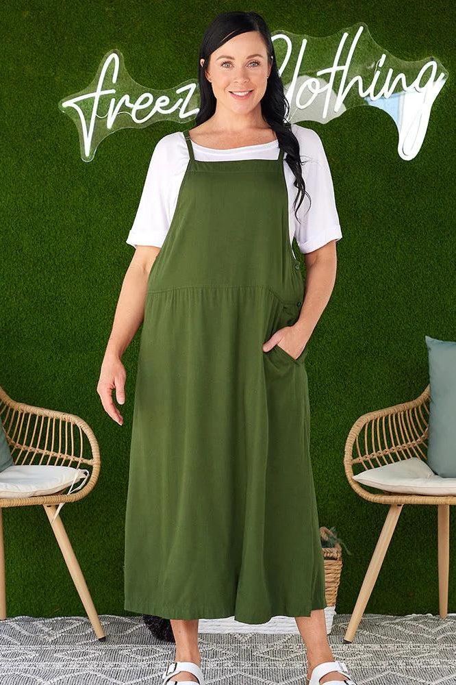 PRE-ORDER Freez Apron Dress Olive From BoxHill