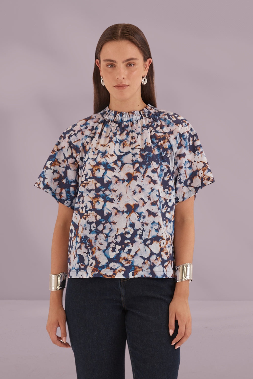 Sass Anika Frill Neck Blouse Violet Floral Sass