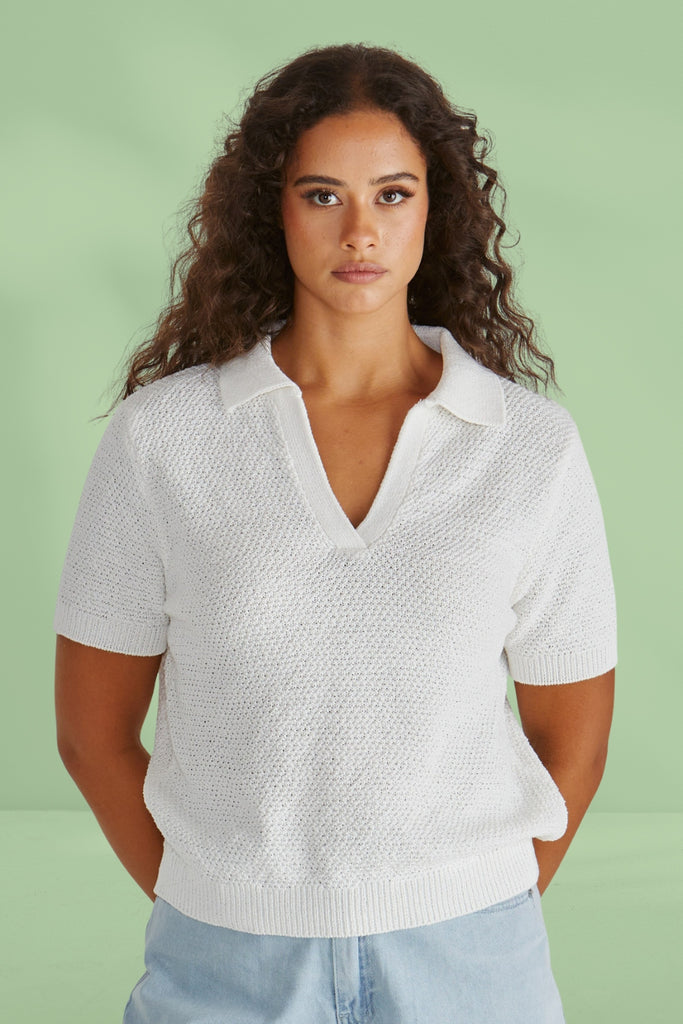Sass Aubrie Knit Polo White From BoxHill