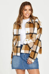 Sass Augusta Cropped Shacket Tan Cream Check From BoxHill