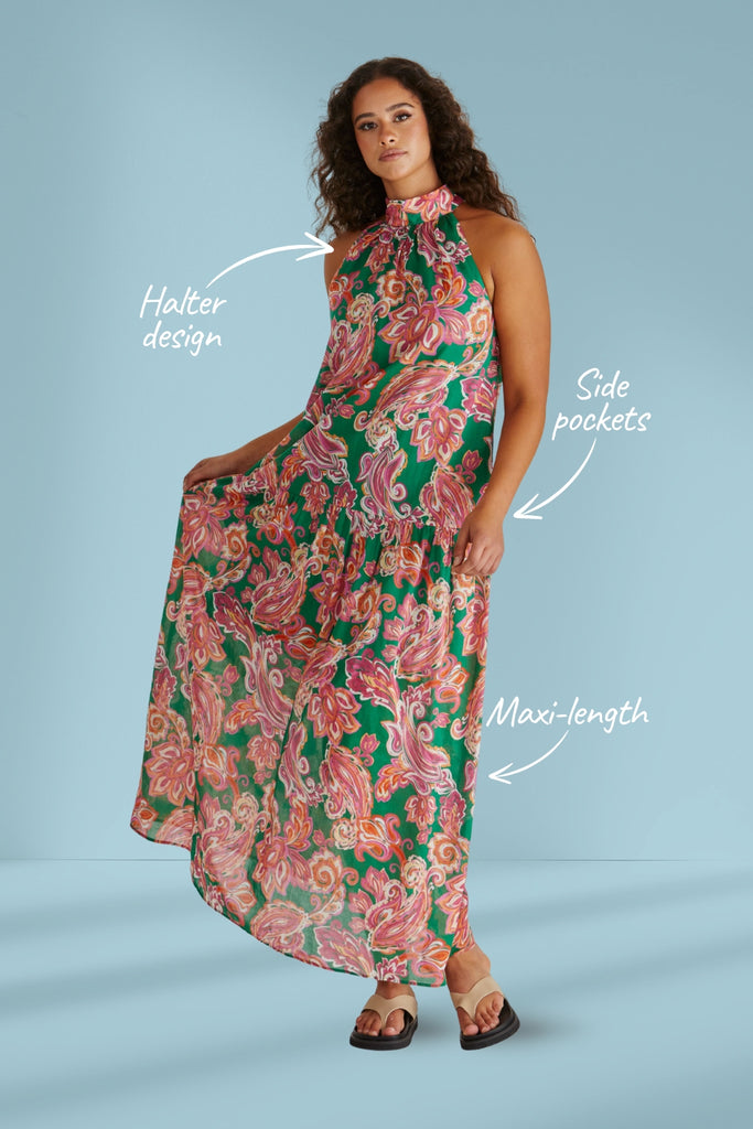 Sass Malia Halter Dress Pink Green Paisley From BoxHill