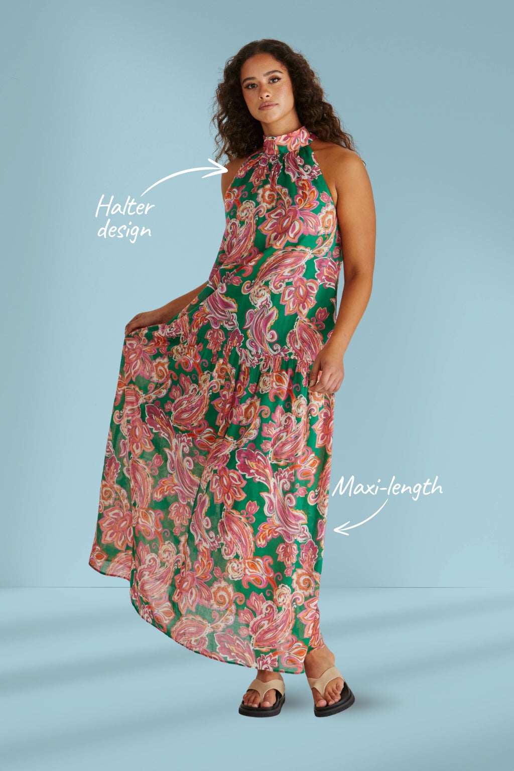 Sass Malia Halter Dress Pink Green Paisley Sass