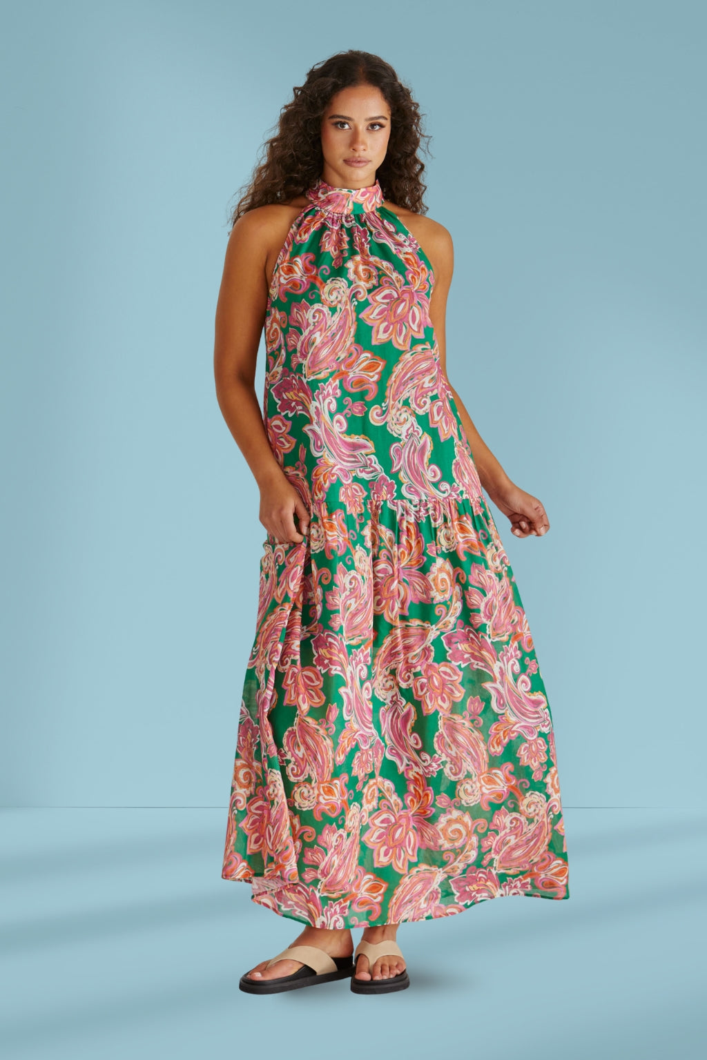 Sass Malia Halter Dress Pink Green Paisley Sass