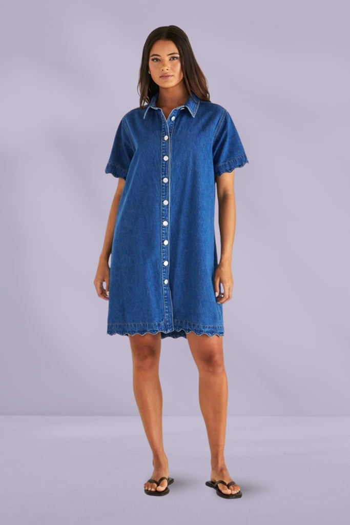 Sass Vale Scalloped Denim Dress Mid Blue Wash From BoxHill