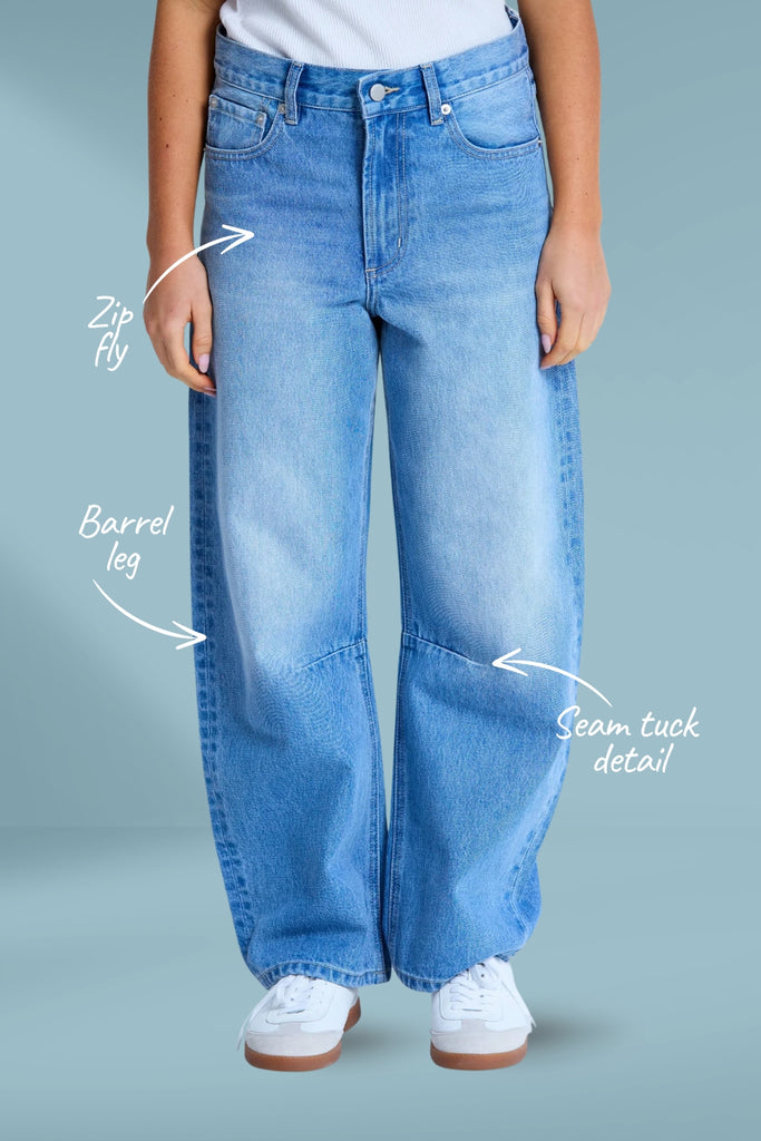 Stella and Gemma Carson Barrel Jeans Mid Blue Wash From BoxHill
