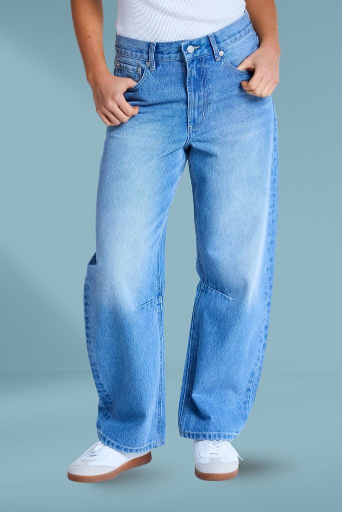 Stella and Gemma Carson Barrel Jeans Mid Blue Wash From BoxHill
