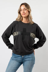Stella and Gemma Cross Leopard Stripe Everyday Sweater Charcoal From BoxHill