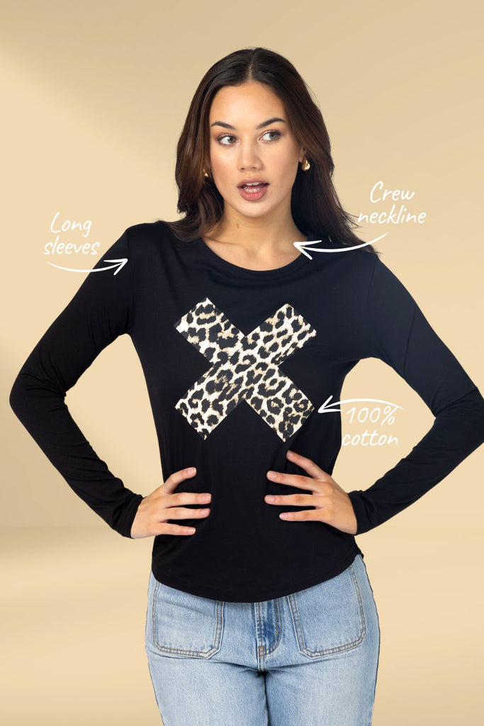 Stella and Gemma Leopard Cross Long Sleeve Tee Black From BoxHill