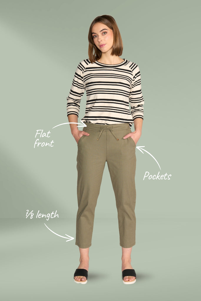 Vassalli 7/8 Slim Leg Elastic Waist Pants Army From BoxHill