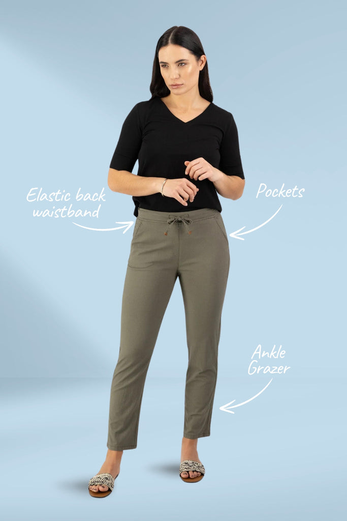 Vassalli Ankle Grazer Slim Leg Elastic Waist Pants Army From BoxHill