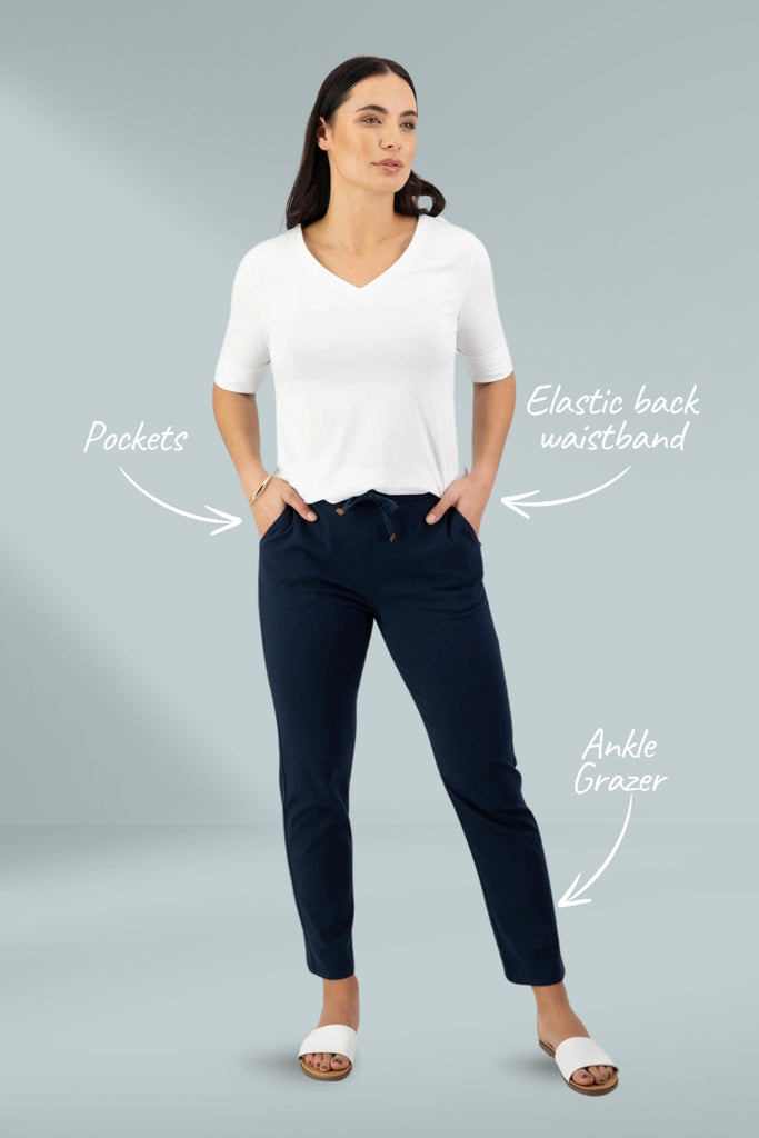 Vassalli Ankle Grazer Slim Leg Elastic Waist Pants Ink From BoxHill