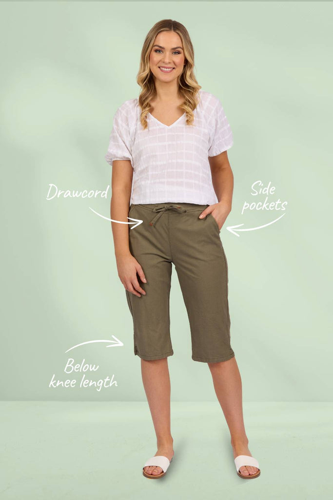 Vassalli Below Knee Slim Leg Elastic Waist Pants Army From BoxHill