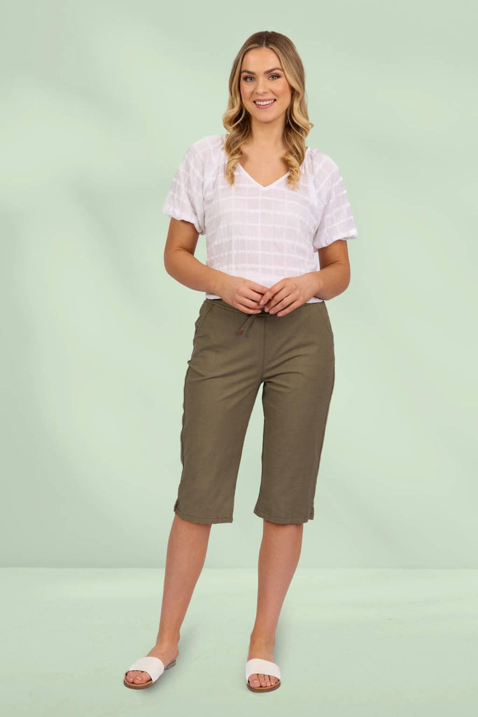 Vassalli Below Knee Slim Leg Elastic Waist Pants Army From BoxHill