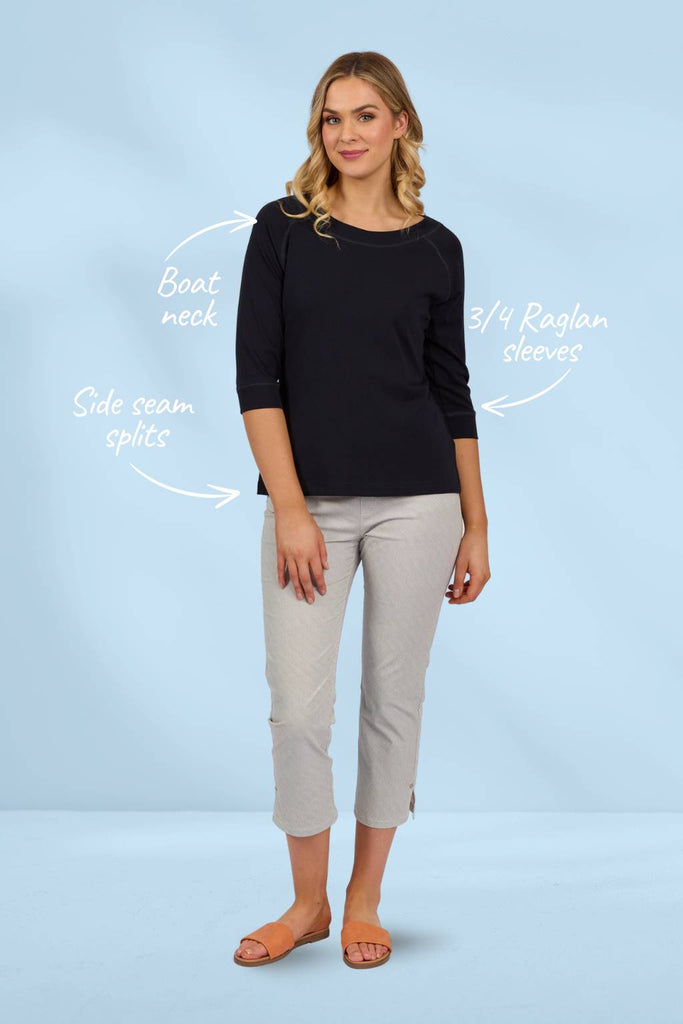 Vassalli Boat Neck 3/4 Sleeve Top Ink From BoxHill