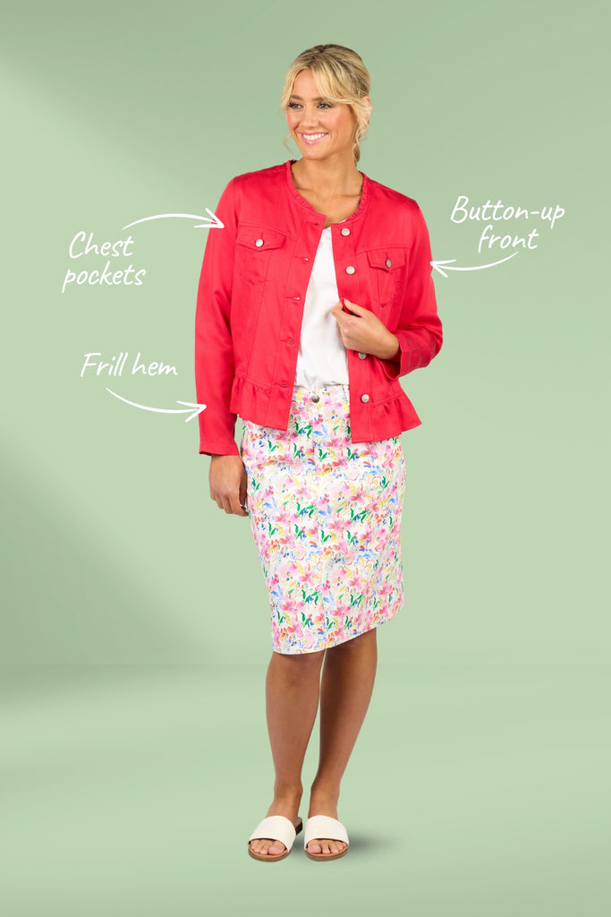 Vassalli Button Up Frill Hem Jacket Cherry From BoxHill