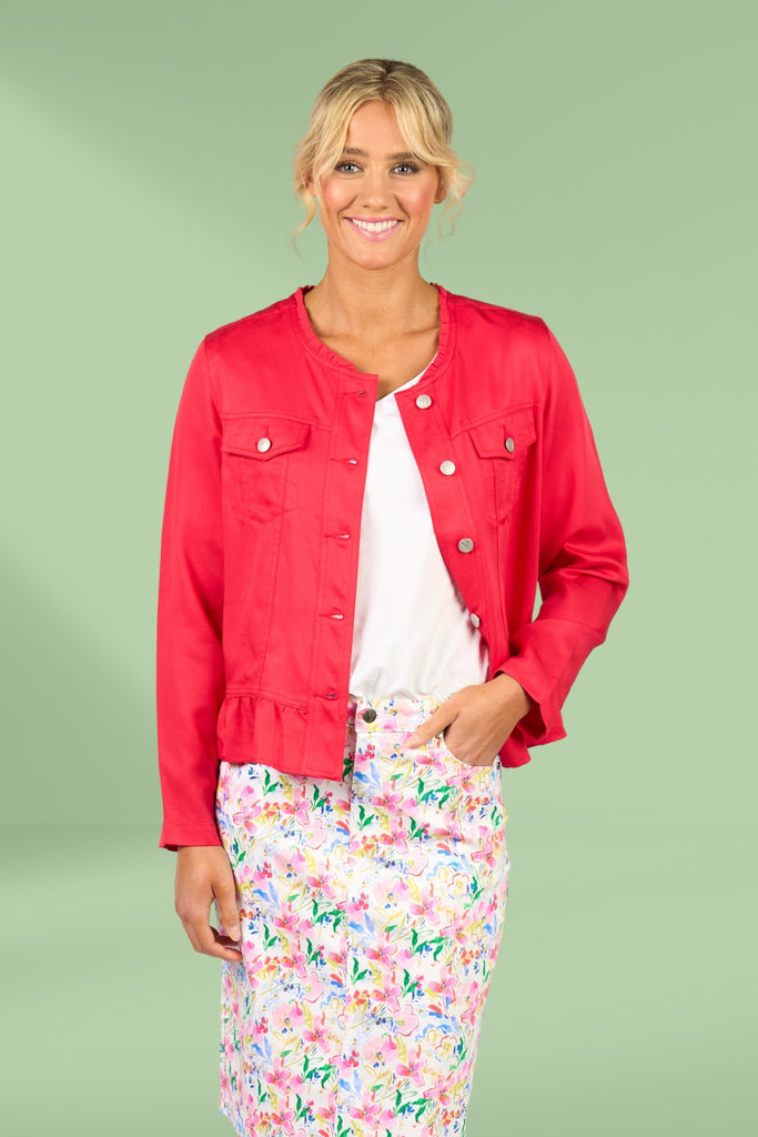 Vassalli Button Up Frill Hem Jacket Cherry From BoxHill
