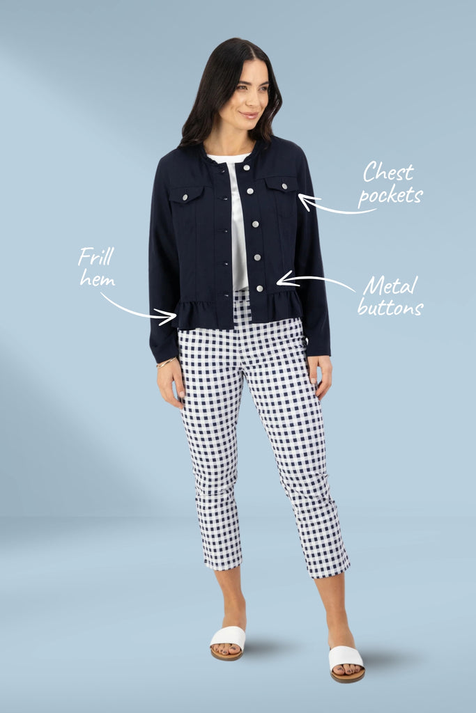 Vassalli Button Up Jacket Frill Hem Ink From BoxHill