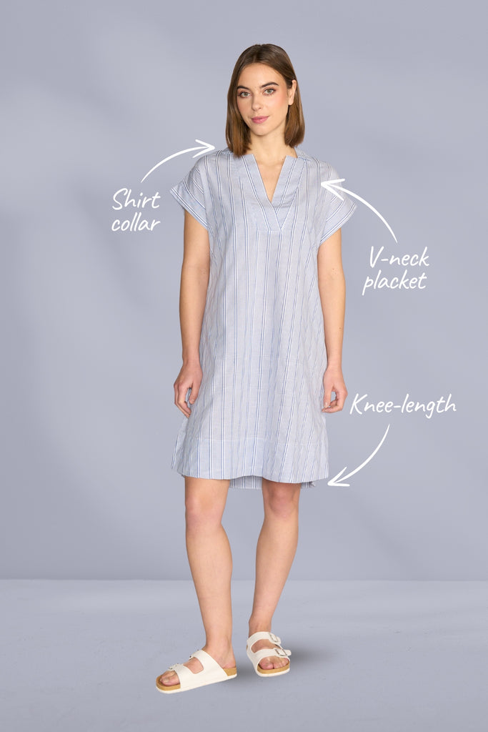 PRE-ORDER Vassalli Collared Dress with Drop Shoulder Blue Stripe From BoxHill