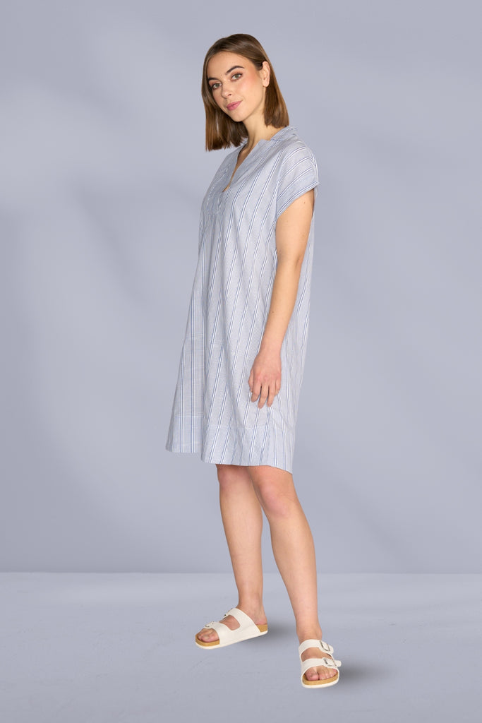 PRE-ORDER Vassalli Collared Dress with Drop Shoulder Blue Stripe From BoxHill