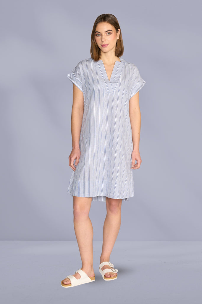 PRE-ORDER Vassalli Collared Dress with Drop Shoulder Blue Stripe From BoxHill