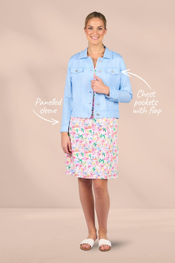 Vassalli Linen Jacket with Frayed Seams Sky Blue From BoxHill