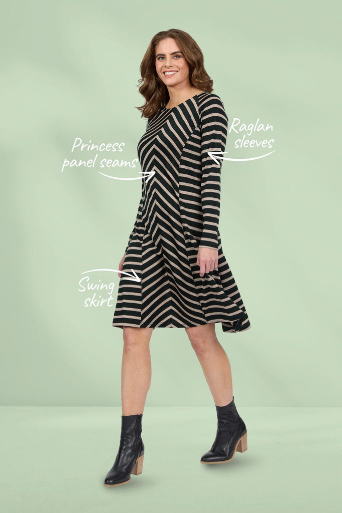 Vassalli Merino Long Sleeve Swing Dress Forest Twig Stripe From BoxHill