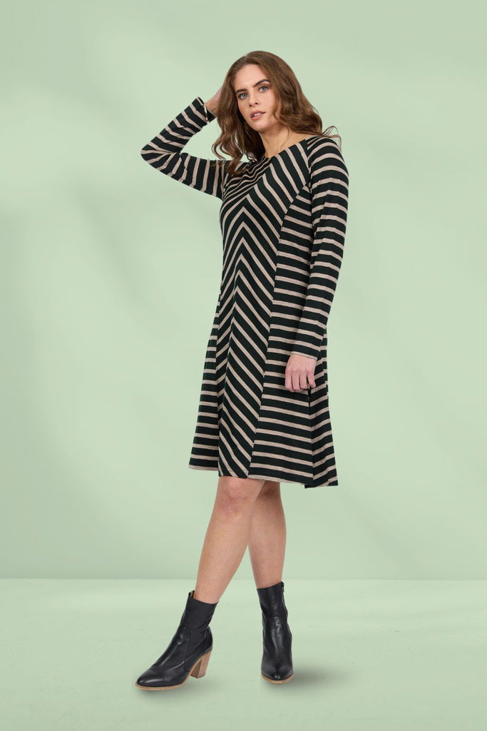 Vassalli Merino Long Sleeve Swing Dress Forest Twig Stripe From BoxHill
