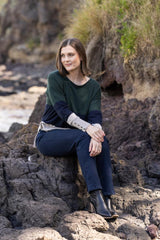 Vassalli Round Neck Tri Stripe Jumper with Dome Cuff Detail Forest Ink Oatmeal From BoxHill