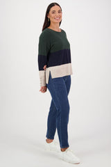 Vassalli Round Neck Tri Stripe Jumper with Dome Cuff Detail Forest Ink Oatmeal From BoxHill