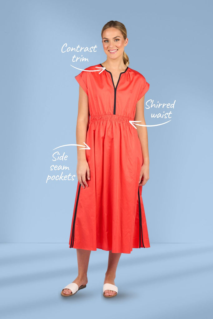 Vassalli Shirred Waist Dress Aperol and Ink From BoxHill