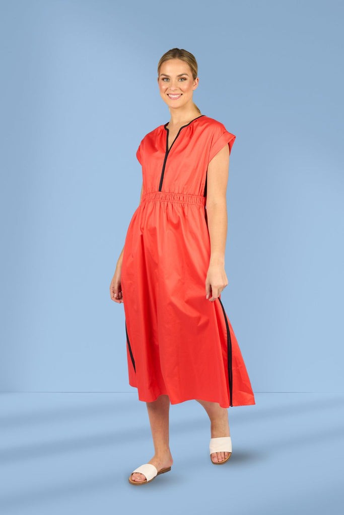 Vassalli Shirred Waist Dress Aperol and Ink From BoxHill
