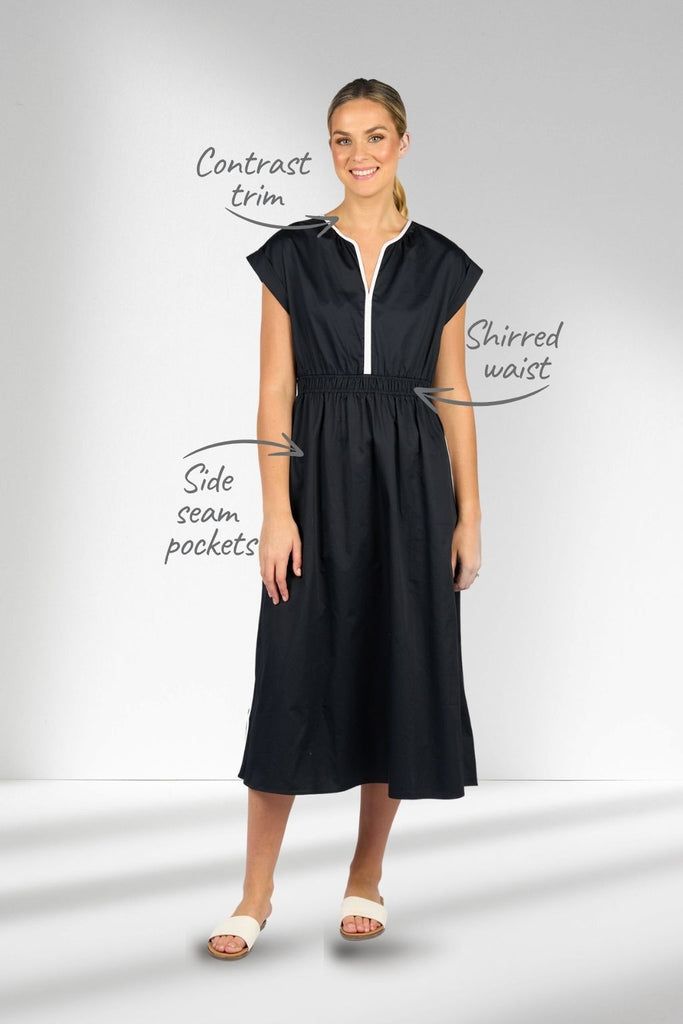 Vassalli Shirred Waist Dress Ink and White From BoxHill