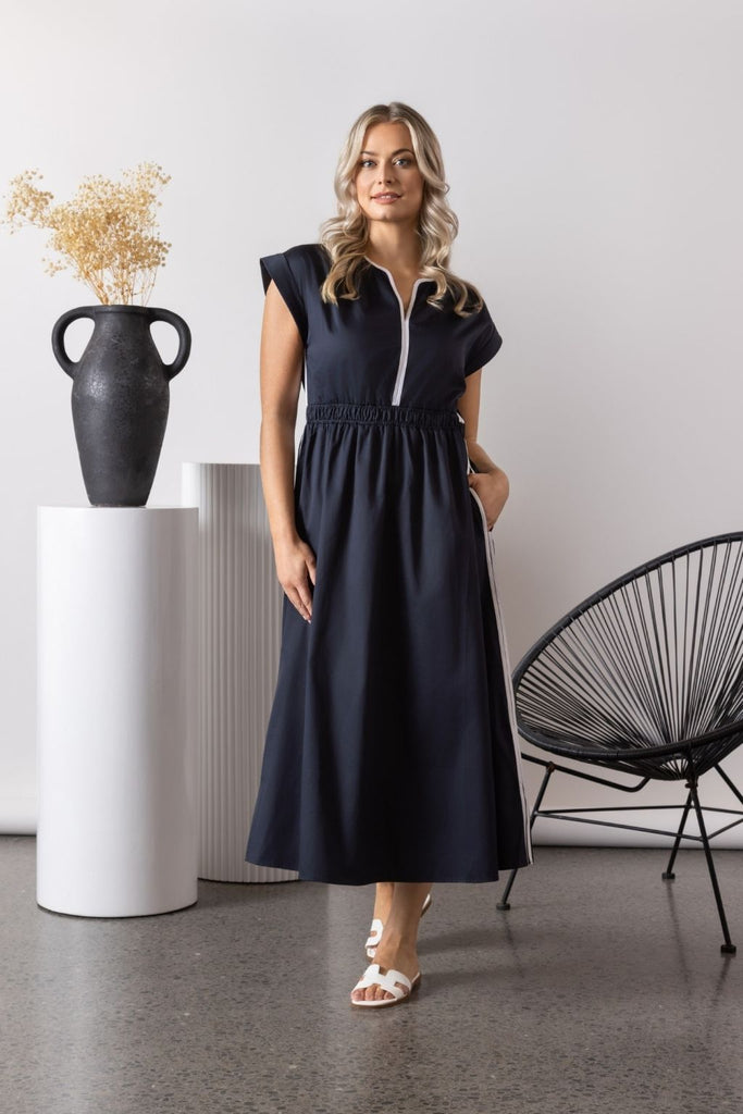 Vassalli Shirred Waist Dress Ink and White From BoxHill