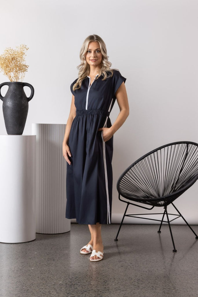 Vassalli Shirred Waist Dress Ink and White From BoxHill