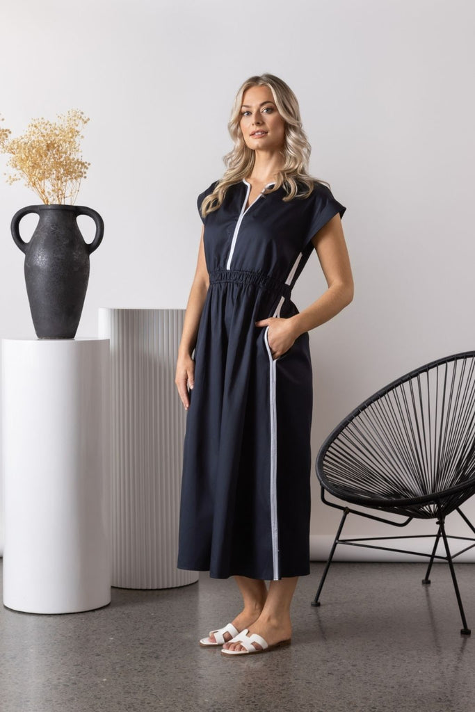 Vassalli Shirred Waist Dress Ink and White From BoxHill