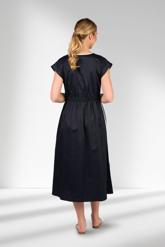Vassalli Shirred Waist Dress Ink and White From BoxHill