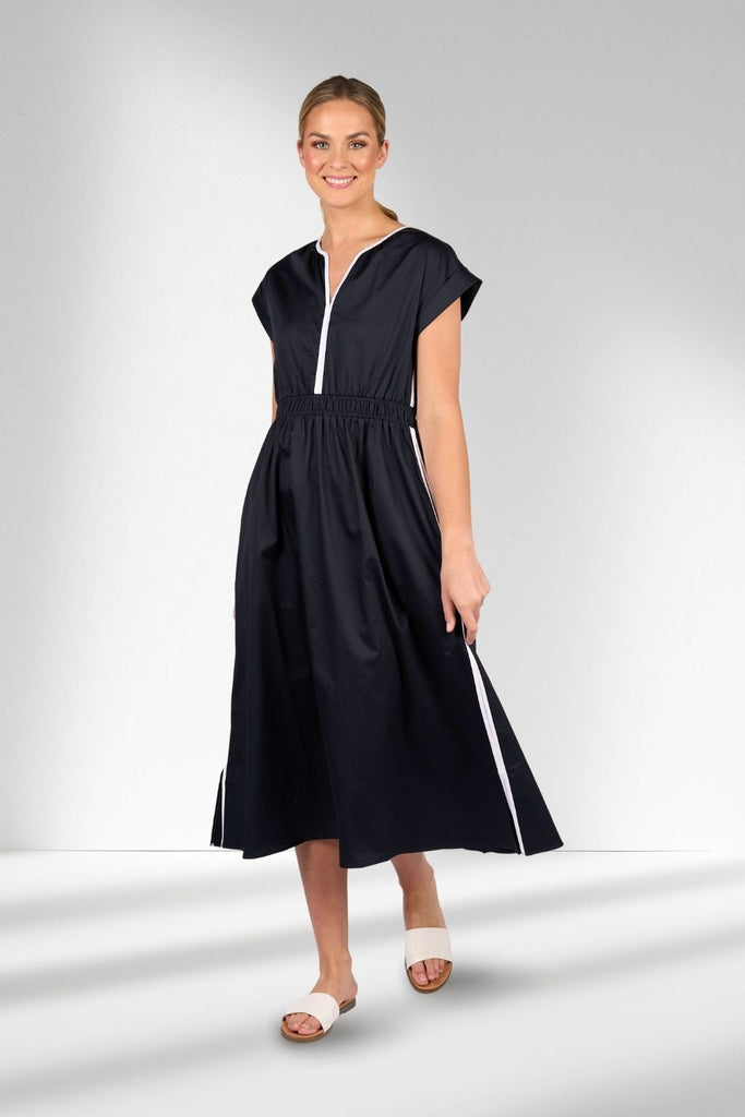 Vassalli Shirred Waist Dress Ink and White From BoxHill