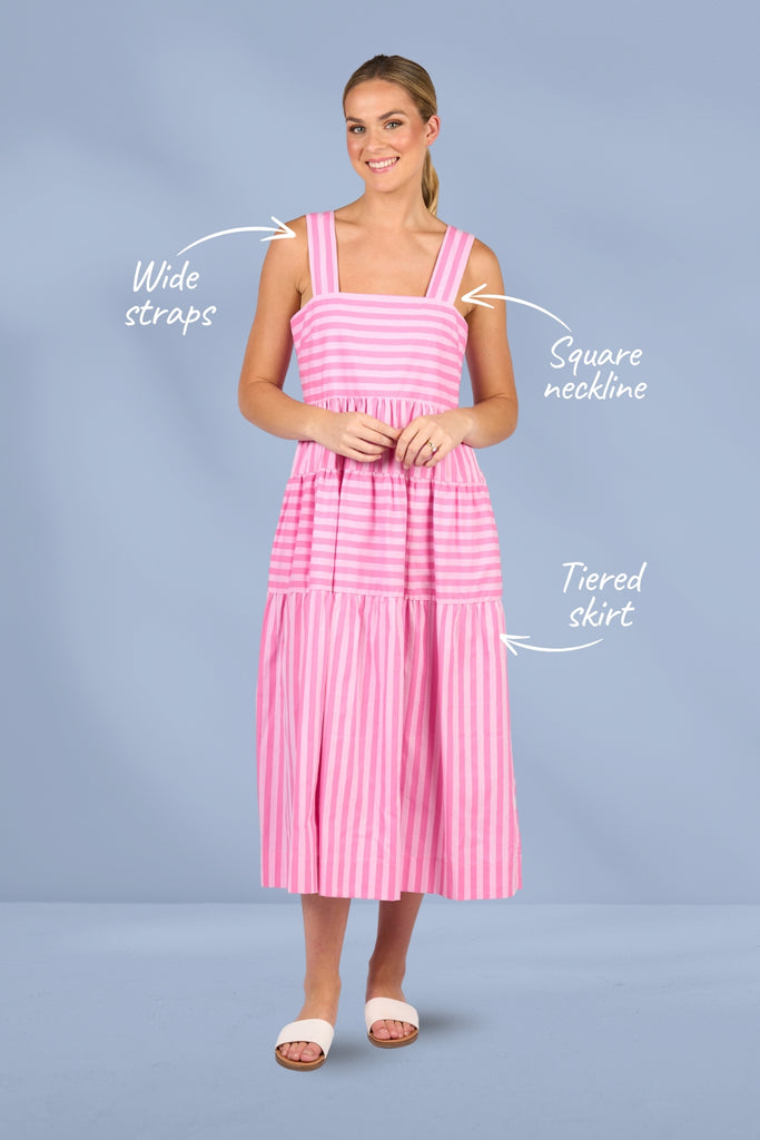 PRE-ORDER Vassalli Sleeveless Tiered Dress Pink Stripe From BoxHill