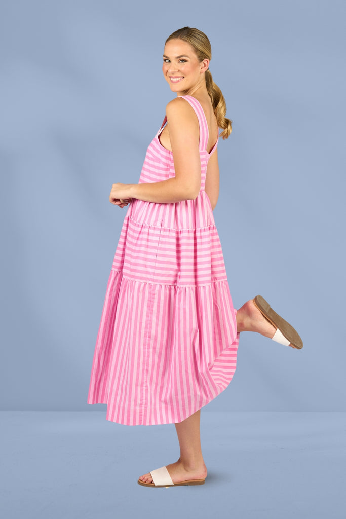 PRE-ORDER Vassalli Sleeveless Tiered Dress Pink Stripe From BoxHill