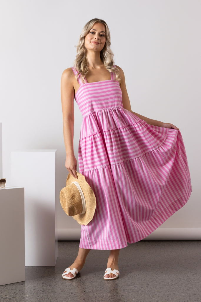 PRE-ORDER Vassalli Sleeveless Tiered Dress Pink Stripe From BoxHill